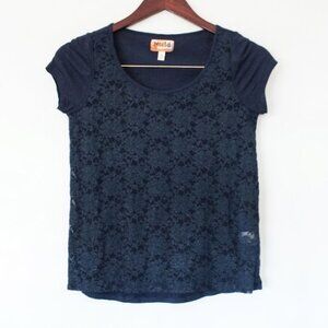 Mudd Blue Glitter Floral Lace Overlay Tee - XS